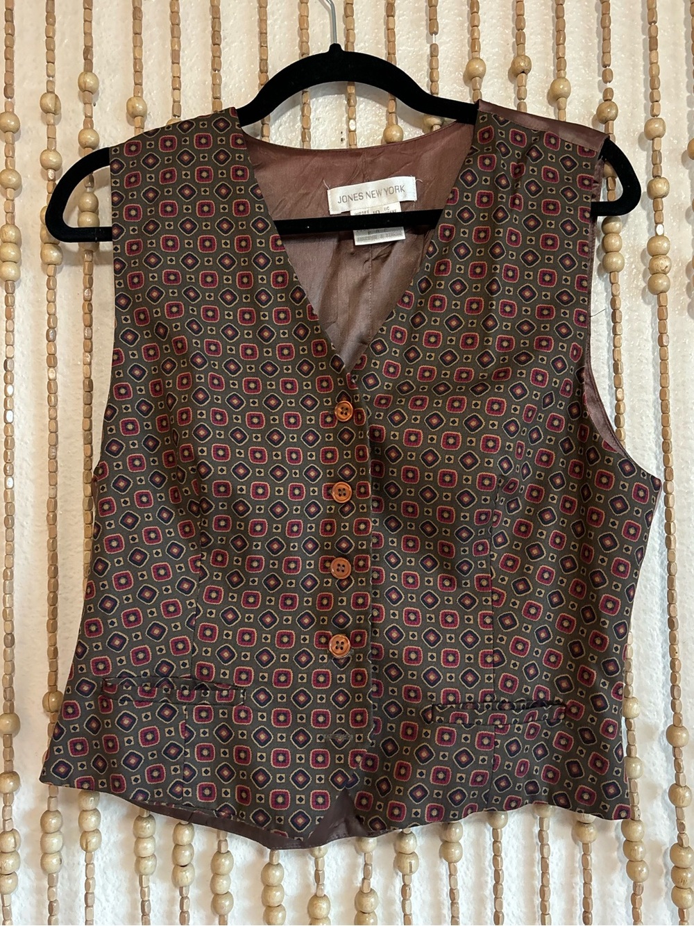 Vintage Jones NY Twee Acadamia Geometic Patterned Green Red Brown Button Vest M